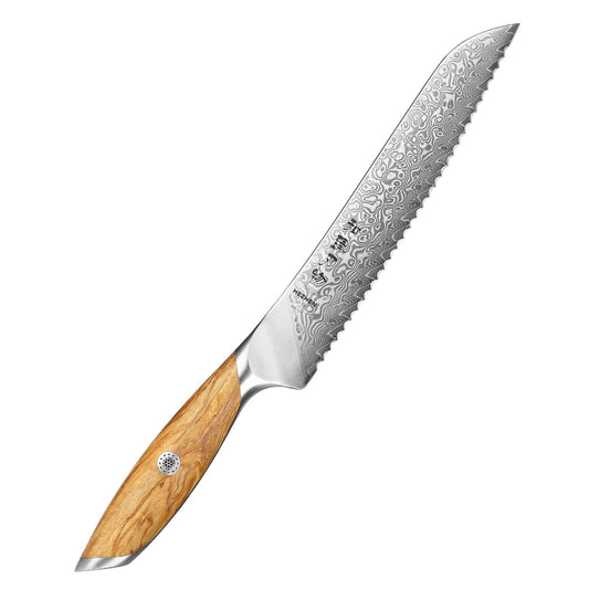 HEZHEN 8.5 Inches Serrated Bread Knife, 73 Layers Damascus Powder Steel, Olive Wood Handle, Gift Ready-Flagship Series