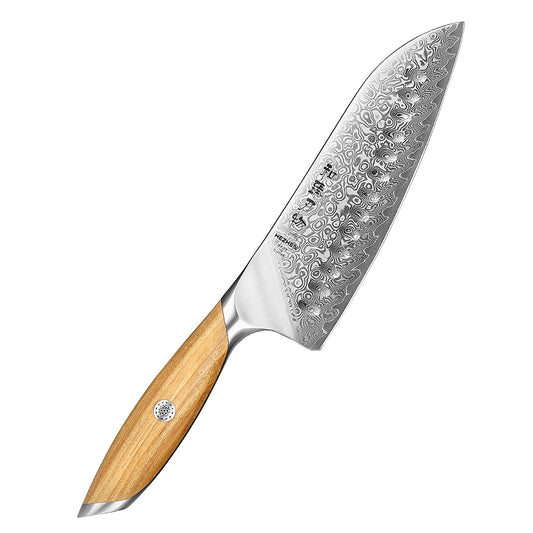 HEZHEN 7.5 Inches Santoku Knife, 73 Layers Damascus Powder Steel, Olive Wood Handle, Gift Ready-Flagship Series