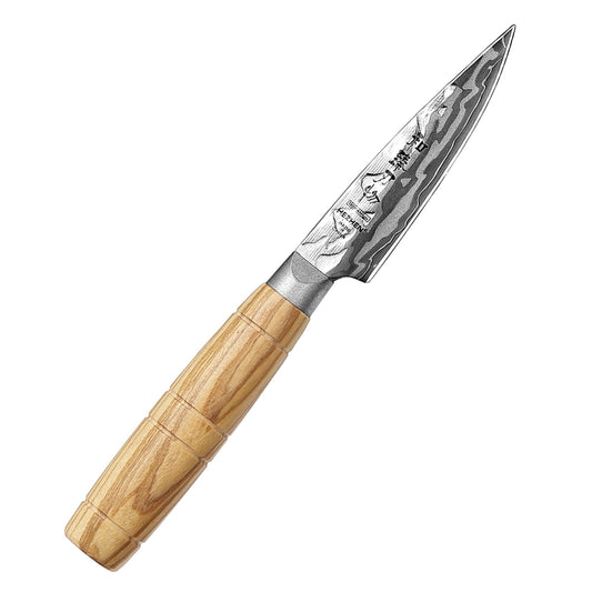 HEZHEN 9-Layer Forged Damascus Paring Knife, 12Cr18MoV Steel 60±2HRC Sharp Fruit Knife, Ergonomic Olive Wood Handle for Peeling & Slicing