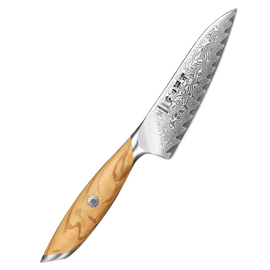 HEZHEN 5 Inches Kitchen Utility Knife, 73 Layers Damascus Powder Steel, Olive Wood Handle, Gift Ready-Flagship Series