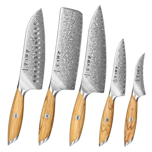 HEZHEN 5-piece Kitchen Knife Set, 73 Layers Damascus Powder Steel, Olive Wood Handle, Gift Ready-Flagship Series
