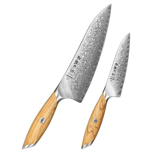 HEZHEN 2-piece Kitchen Knife Set(Chef Knife+Kitchen Utility Knife), 73 Layers Damascus Powder Steel, Olive Wood Handle, Gift Ready-Flagship Series