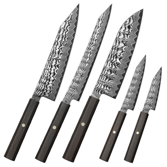 HEZHEN 67-Layer Damascus Steel Knife Set 5PCS - 60±2HRC Hardness, 10Cr15CoMoV Steel Core Kitchen Chef Knife Set for Daily Cooking Food Prep & Premium Gifting