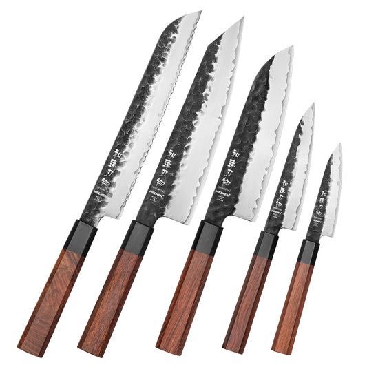 HEZHEN Multifunctional 5-piece Knife Set,3 Layers Composite Steel Blade,Ergonomic Wooden Handle,Elegant Gift Box Packaging