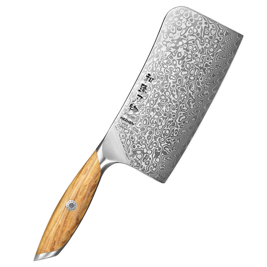 HEZHEN 7 Inches Bone Cleaver Knife, 73 Layers Damascus Powder Steel, Olive Wood Handle, Gift Ready-Flagship Series