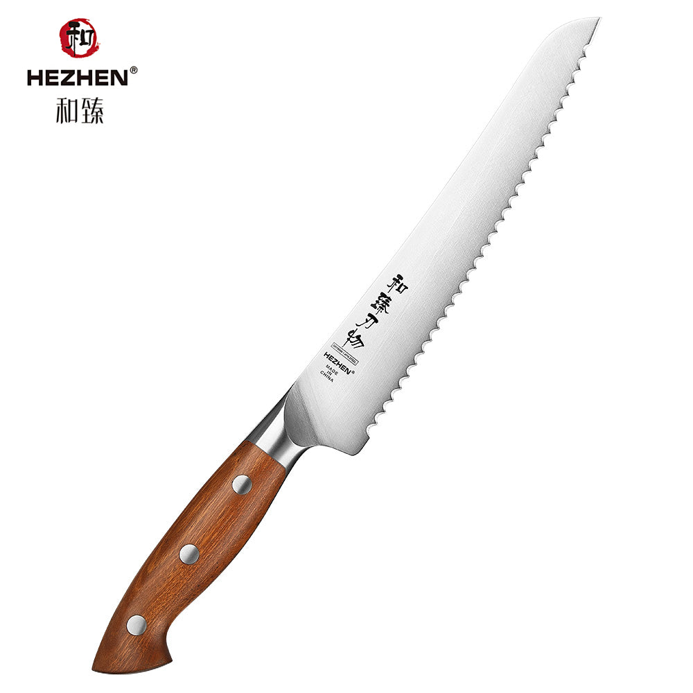 HEZHEN 8.5 Inches Bread Knife, German Steel, Red Wood Handle-Supreme Stainless Series