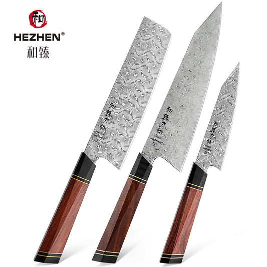 HEZHEN Retro Series 3PC Knife Set 110 Layer Damascus Steel Chef Knives Nakiri Utility Cook Tools Slicing Kiritsuke Wooden Box
