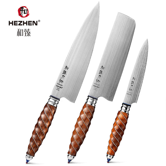 HEZHEN 3PC Kitchen Knife Set BÖHLER M390 Powder Steel Chef Nakiri Utility North America Desert Ironwood Handle Gift Box