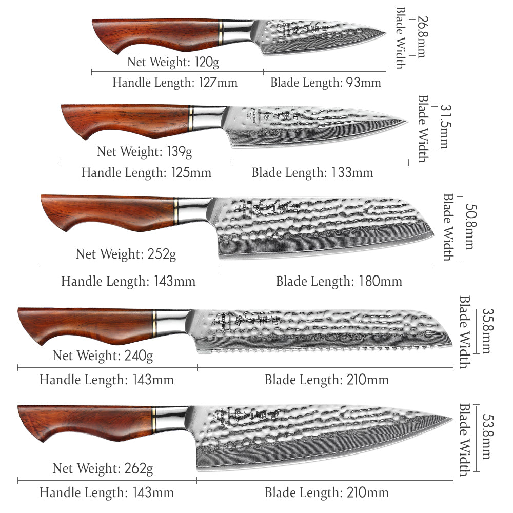 HEZHEN 5PC Kitchen Knife Set Slicing 73-Layer Powder Damascus Steel Rosewood Handle Chef Santoku Nakiri Utility knives