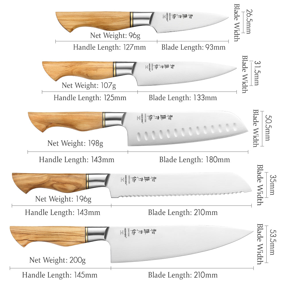 HEZHEN 5PC Knife Set Kitchen Tools Chef Santoku Bread Utility Paring Stainless Steel Knives Cooking Tools