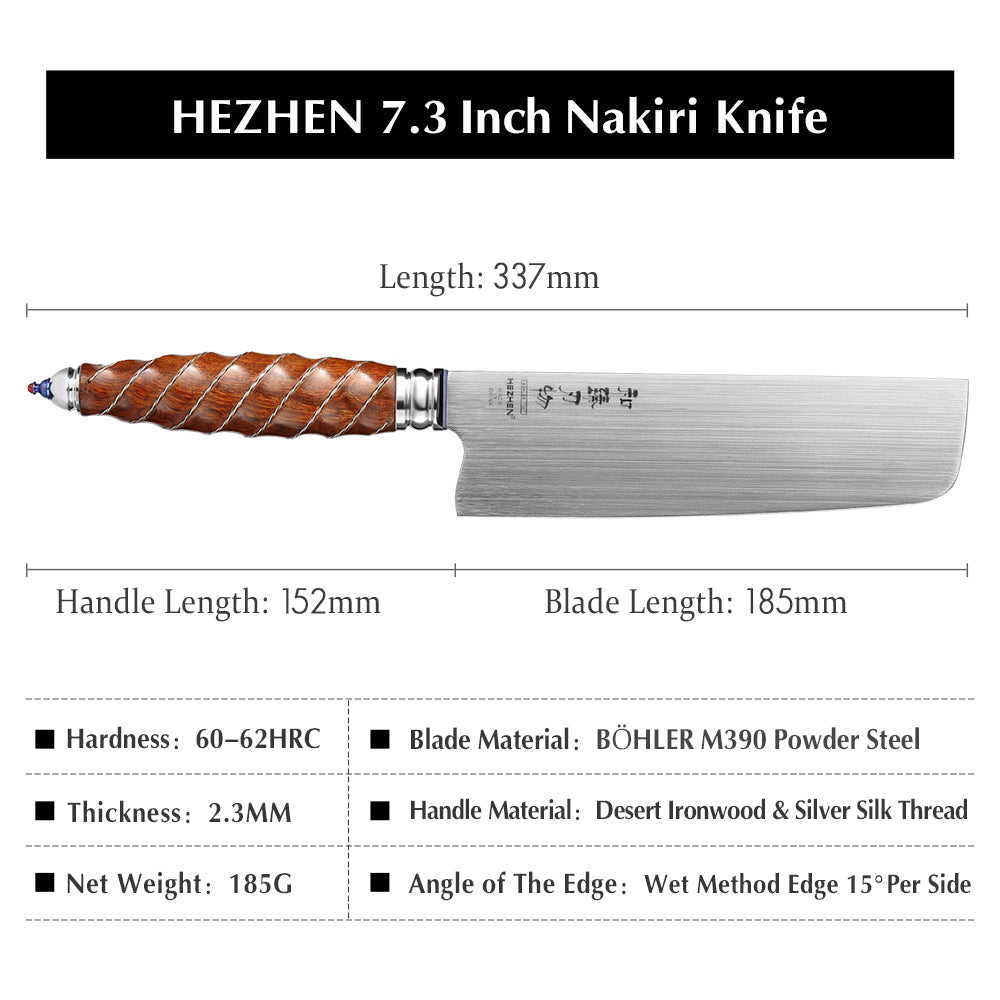 HEZHEN 7 Inches Nakiri Knife BÖHLER M390 Powder Steel North America Desert Ironwood Handle Kitchen Slice Cleaver knives