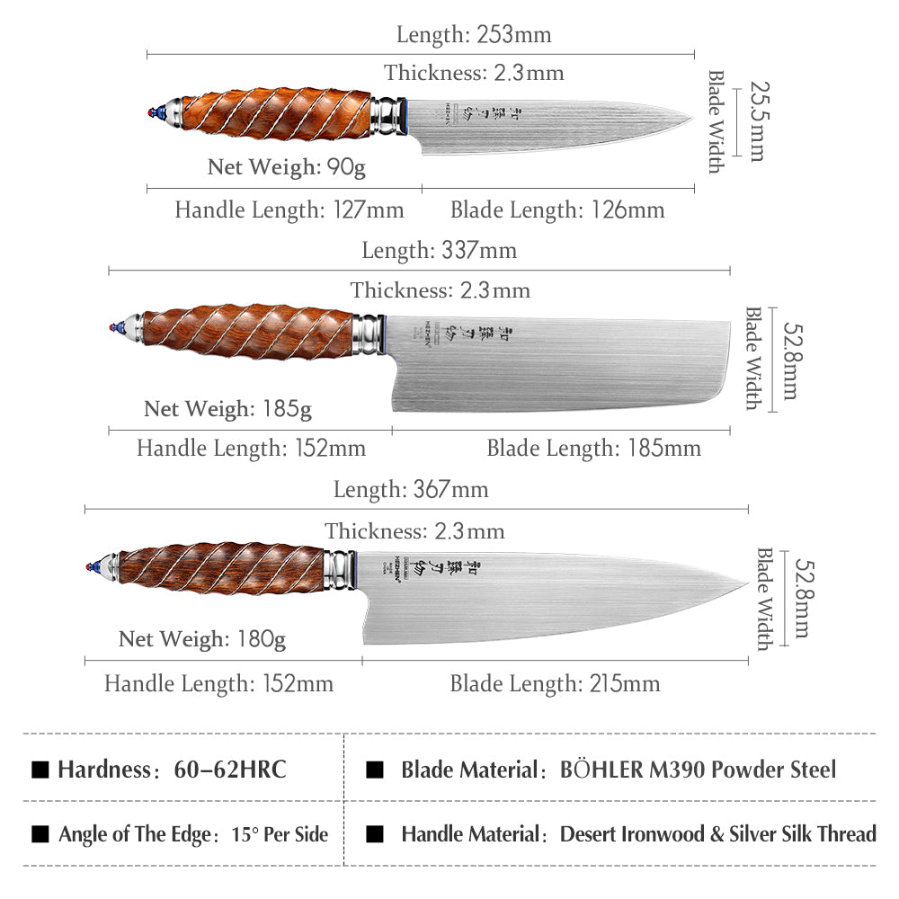 HEZHEN 3PC Kitchen Knife Set BÖHLER M390 Powder Steel Chef Nakiri Utility North America Desert Ironwood Handle Gift Box