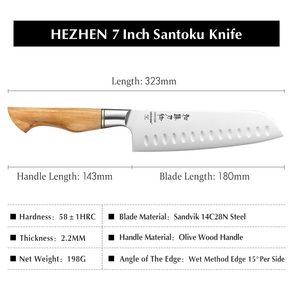 HEZHEN 7 Inches Santoku Knife Sandvik Stainless Steel Olive Wood Handle Slicing Kitchen Knife For Meat Cooking Tools Gift Box