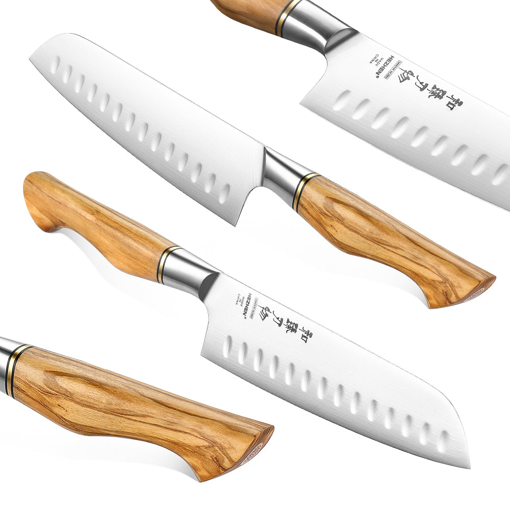 HEZHEN 7 Inches Santoku Knife Sandvik Stainless Steel Olive Wood Handle Slicing Kitchen Knife For Meat Cooking Tools Gift Box
