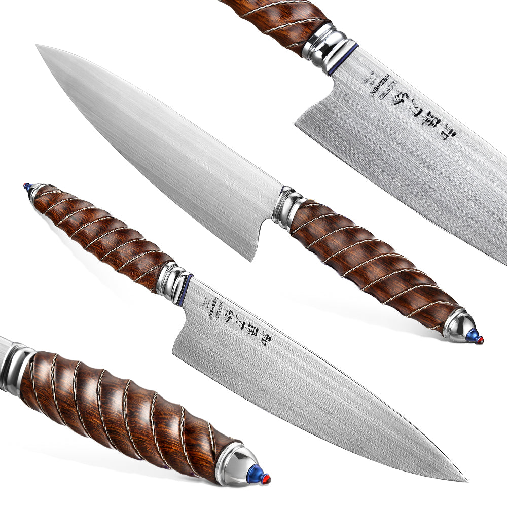 HEZHEN 3PC Kitchen Knife Set BÖHLER M390 Powder Steel Chef Nakiri Utility North America Desert Ironwood Handle Gift Box