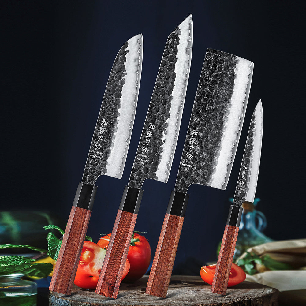HEZHEN 4PC Kitchen Knife Set Slicing Stainless Steel Composite Steel Chef Santoku Nakiri Utility Rosewood Handle Gift Box