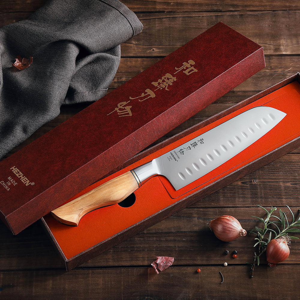 HEZHEN 7 Inches Santoku Knife Sandvik Stainless Steel Olive Wood Handle Slicing Kitchen Knife For Meat Cooking Tools Gift Box