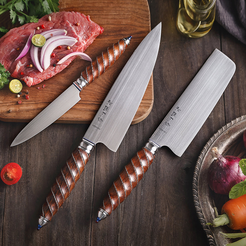 HEZHEN 3PC Kitchen Knife Set BÖHLER M390 Powder Steel Chef Nakiri Utility North America Desert Ironwood Handle Gift Box