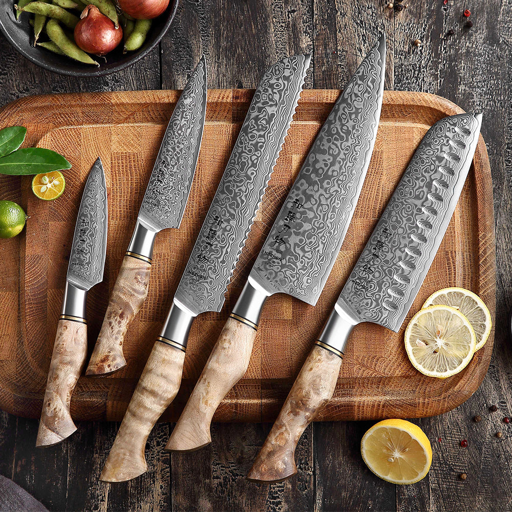 HEZHEN 5PC Kitchen Knife Set Professional Damascus Steel Chef Bread Paring Santoku Sharp Nakiri Cook Kitchen Knife