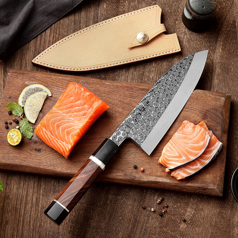 HEZHEN Retro Series 180mm Gyuto Knife Damascus Steel Sashimi Japanese Fish-Fillet Kitchen Tool Sharp Salmon Cook Knives