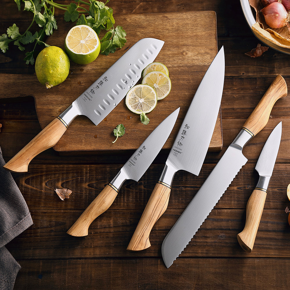 HEZHEN 5PC Knife Set Kitchen Tools Chef Santoku Bread Utility Paring Stainless Steel Knives Cooking Tools