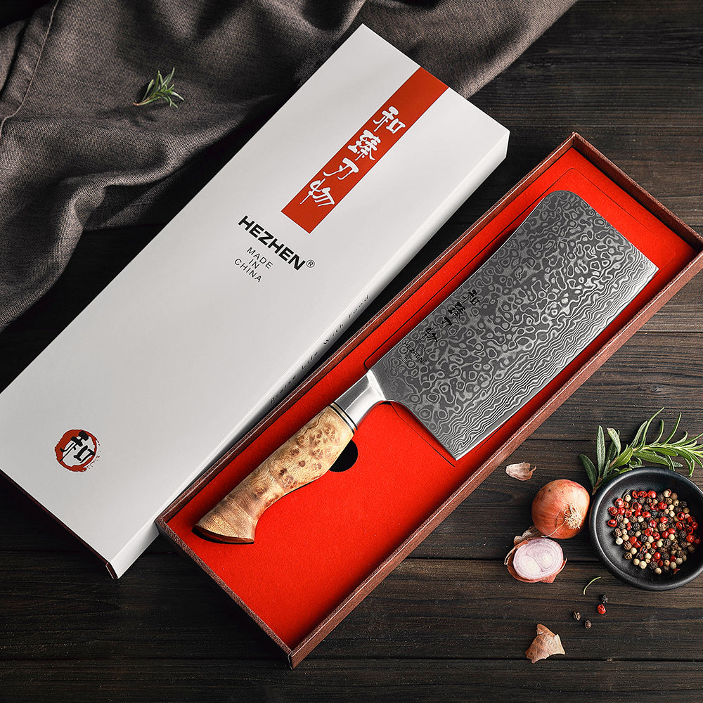 HEZHEN 7 Inch Bone Chopper Knife 67 Layers Damascus Steel Super Cook Knife Razor Sharp Japanese Blade Kitchen Chopping Knife