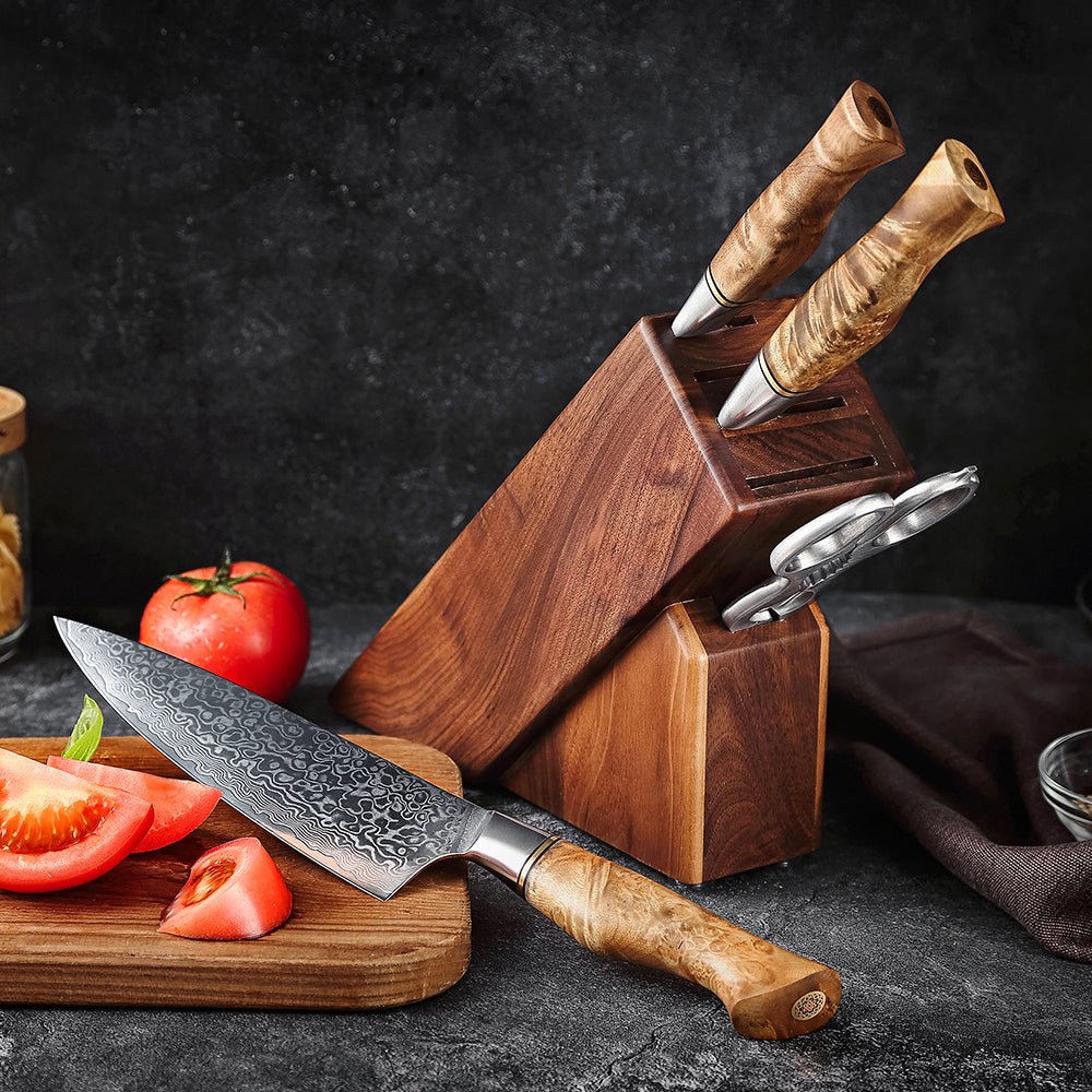 HEZHEN Master Series 5PC Knife Set 67 Layer Damascus Steel Chef Santoku Utility With Wodden Knife Holder Walnut Shears Cook
