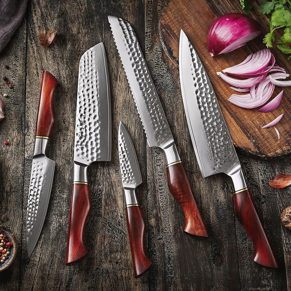 HEZHEN 5PC Kitchen Knife Set Slicing 73-Layer Powder Damascus Steel Rosewood Handle Chef Santoku Nakiri Utility knives