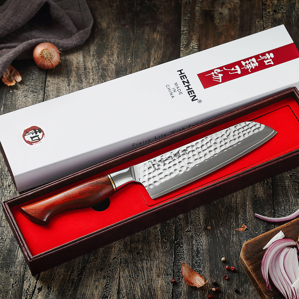 HEZHEN 7 Inches Santoku Knife 73 Layers Powder Steel Damascus Steel Natural Rosewood Handle Kitchen Cook Accessories