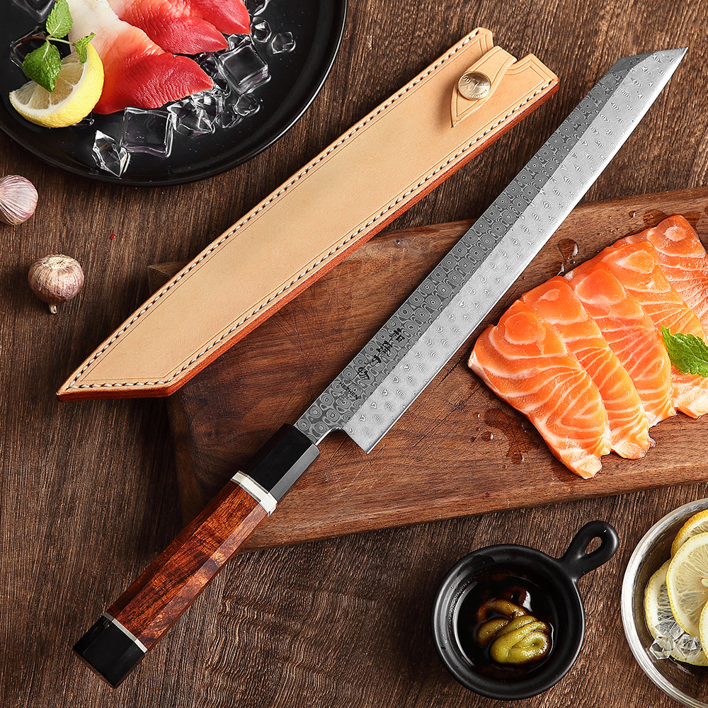 HEZHEN Retro 270mm Bunka Knife Damascus Steel Sushi Japanese Filletting Kitchen Tool Sharp Salmon Cooking Chef Leather Sheath