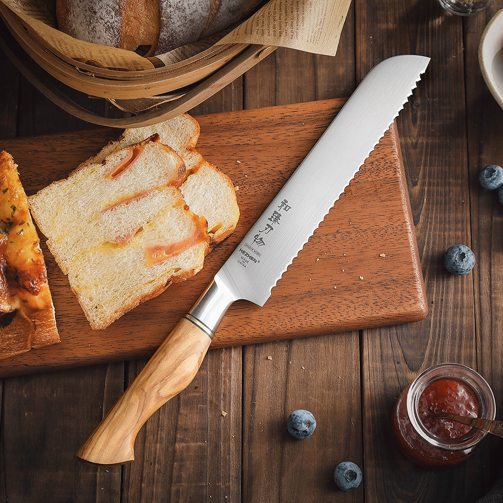 HEZHEN 8.5 Inches Bread Knife Sandvik Stainless Steel Olive Wood Handle Kitchen Knives Sliced Watermelon Cooking Tools Gift Box