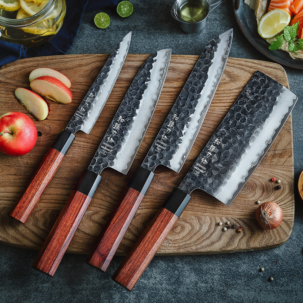 HEZHEN 4PC Kitchen Knife Set Slicing Stainless Steel Composite Steel Chef Santoku Nakiri Utility Rosewood Handle Gift Box