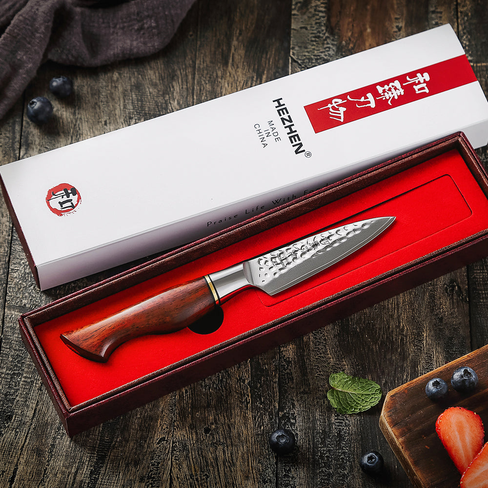 HEZHEN 3.5 Inch paring Knife 73 Layers Powder Steel Damascus Steel Natural Rosewood Handle Kitchen Accessories WIth Gift Box