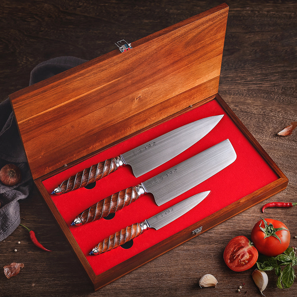HEZHEN 3PC Kitchen Knife Set BÖHLER M390 Powder Steel Chef Nakiri Utility North America Desert Ironwood Handle Gift Box