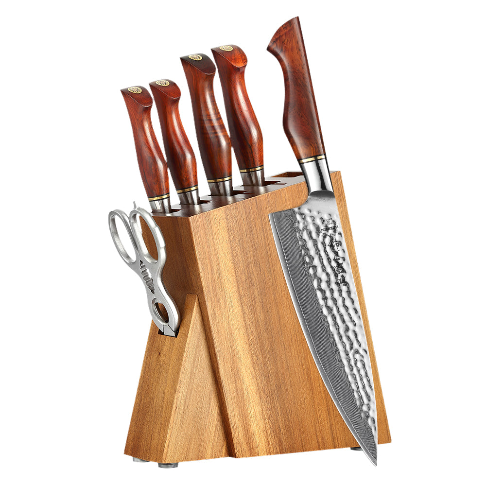 HEZHEN 7PC Knife Set Damascus Steel Chef Bread Utility Santoku Paring Cake Cook Knife For Meat Professional Kitchen Knife Set