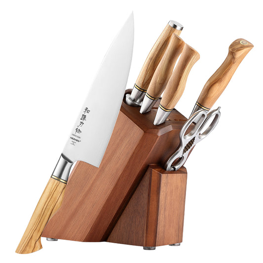 HEZHEN 8PC Kitchen Knife Set Walnut Shears Knife Holder Block Sandvik Steel Chef Bread Cook Knives