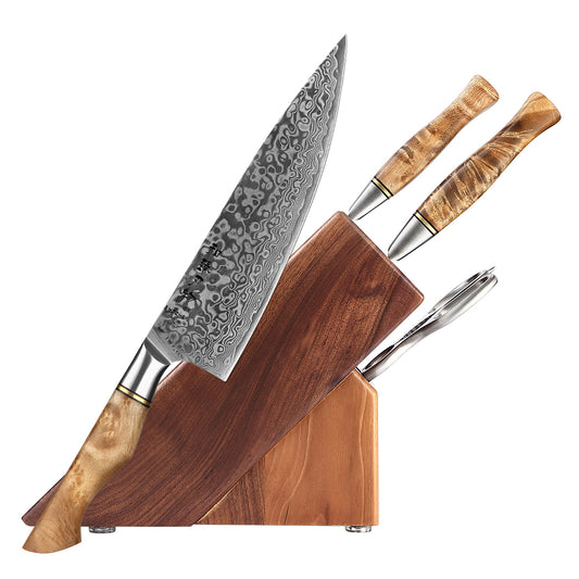 HEZHEN Master Series 5PC Knife Set 67 Layer Damascus Steel Chef Santoku Utility With Wodden Knife Holder Walnut Shears Cook