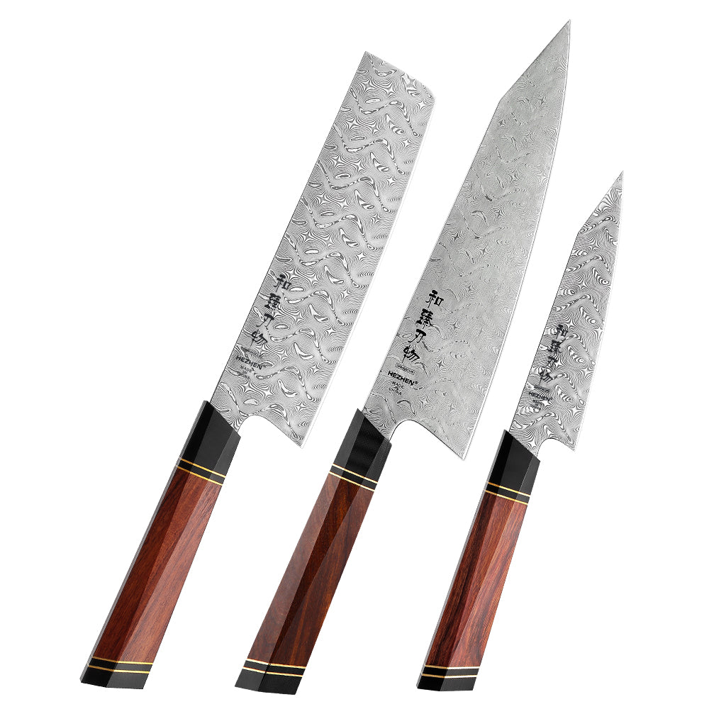 HEZHEN Retro Series 3PC Knife Set 110 Layer Damascus Steel Chef Knives Nakiri Utility Cook Tools Slicing Kiritsuke Wooden Box