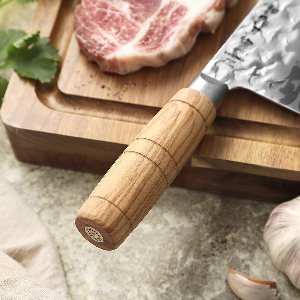 HEZHEN 8.1 Inches Butcher Knife Forged 12Cr18MoV Steel Core,Damascus Steel Blade,Ergonomic Olive Wood Handle,High Hardness Sharp Meat Cutting Knife