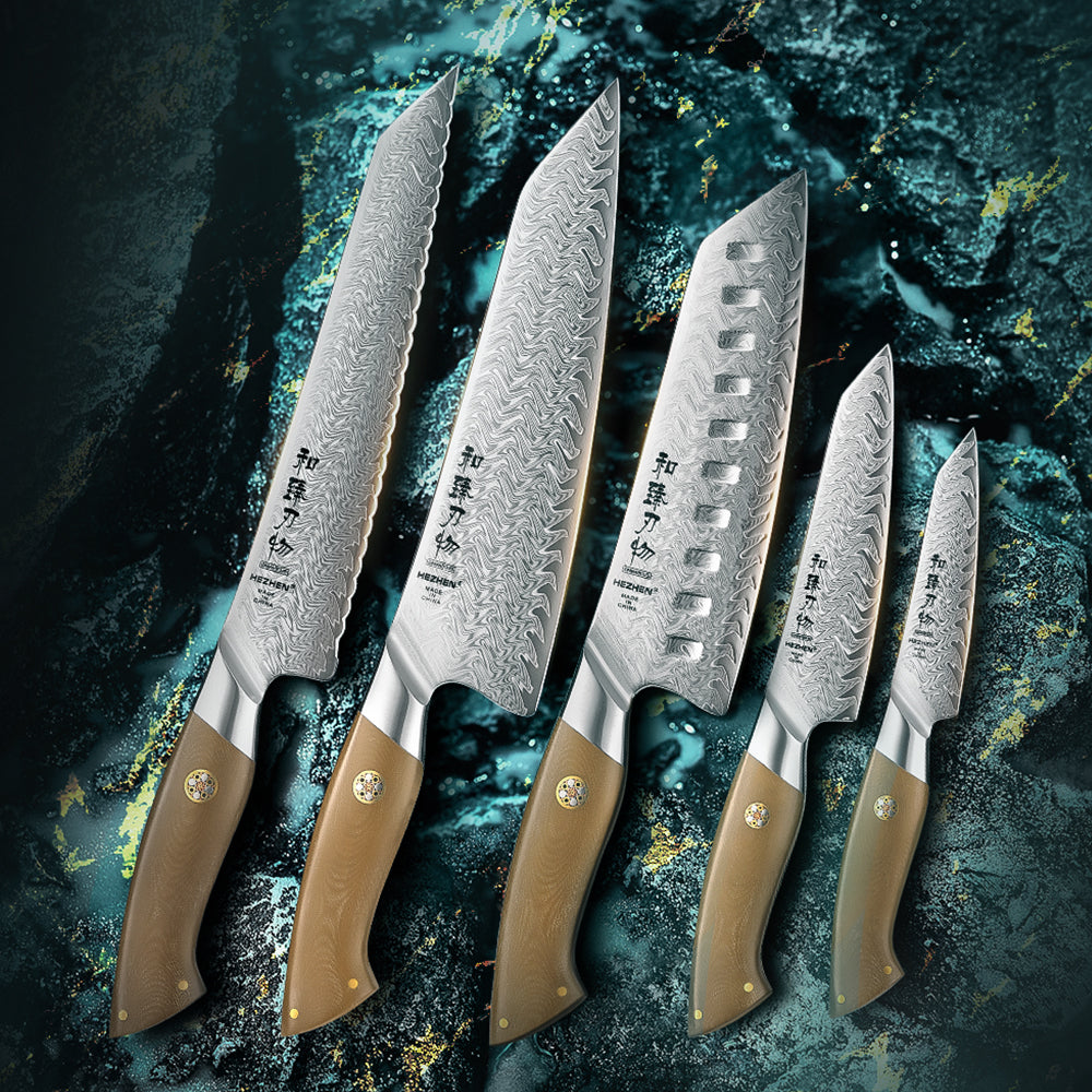 HEZHEN Multi-Scenario 5-in-1 Damascus Knife Set, 67 Layers Damascus Super Steel,Ultra-Sharp Forged Blade Knives for Meat, Vegetable, Fruit and Bread Cutting, Elegant Gift Box Packaging