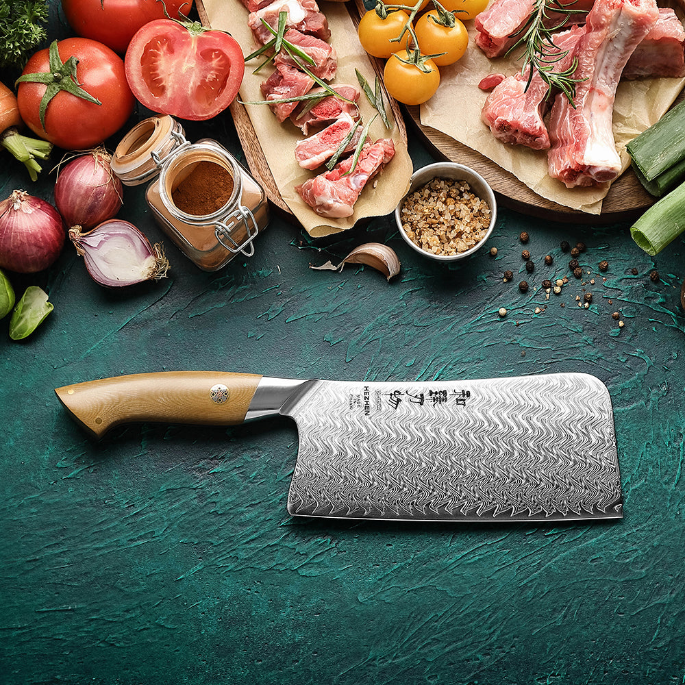 HEZHEN 7 Inches Chinese Bone Choping Knife, 67 Layers Damascus Steel with Linen Micarta Handle, Gift Box Package- B38L Series