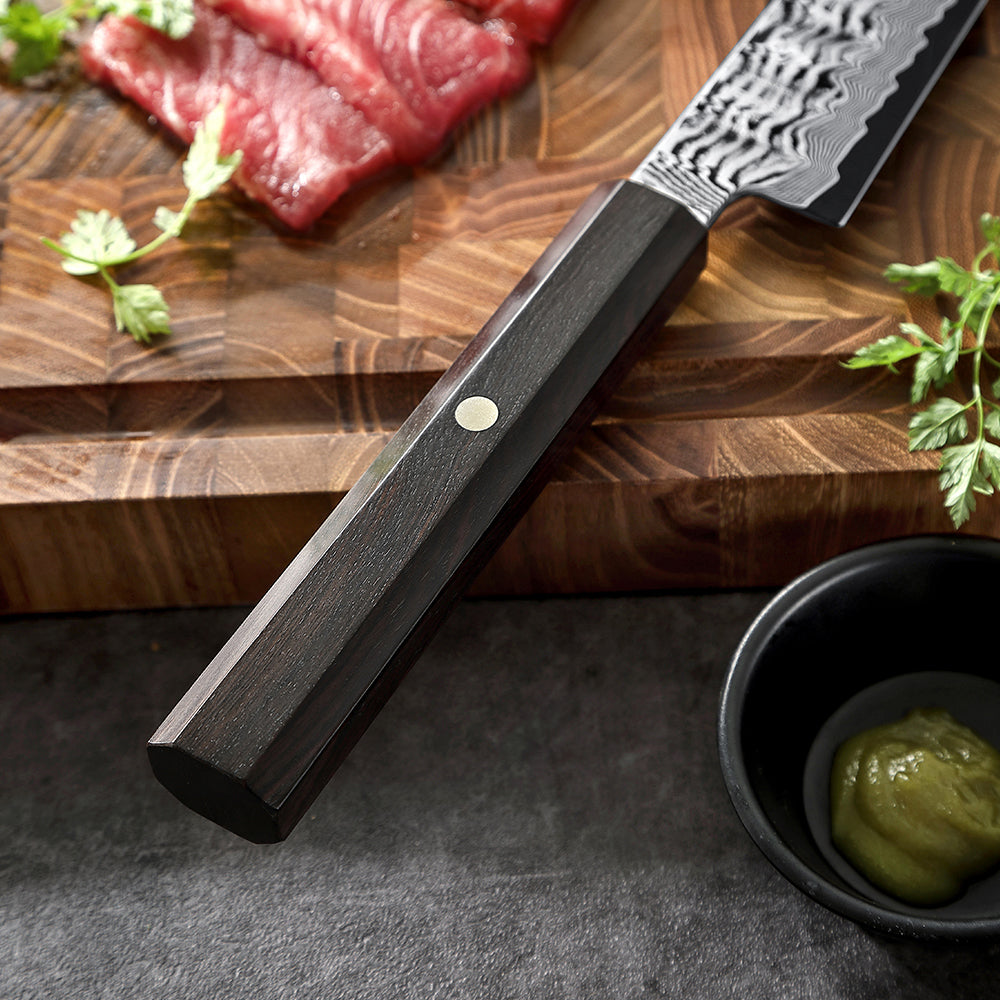 HEZHEN 10 Inch Japanese Sakimaru Knife, 67-layers Damascus Steel, Ergonomic Ebony Wood Handle, Smooth Precision Slicing Kitchen Knife