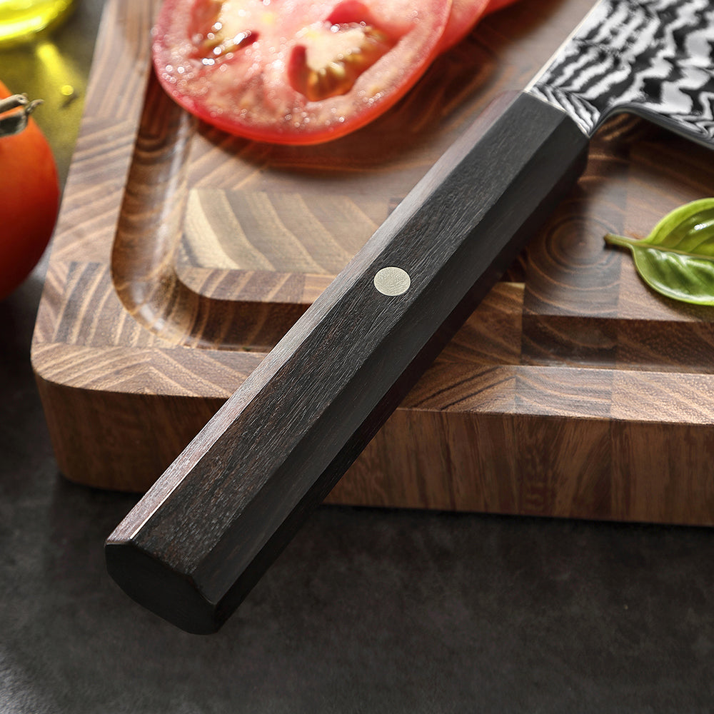 HEZHEN 7.3 Inch Multipurpose Santoku Knife, Hand Forged Damascus Kitchen Knife,15° Precision Edge, Ultra Sharp Balanced Cutting Knife
