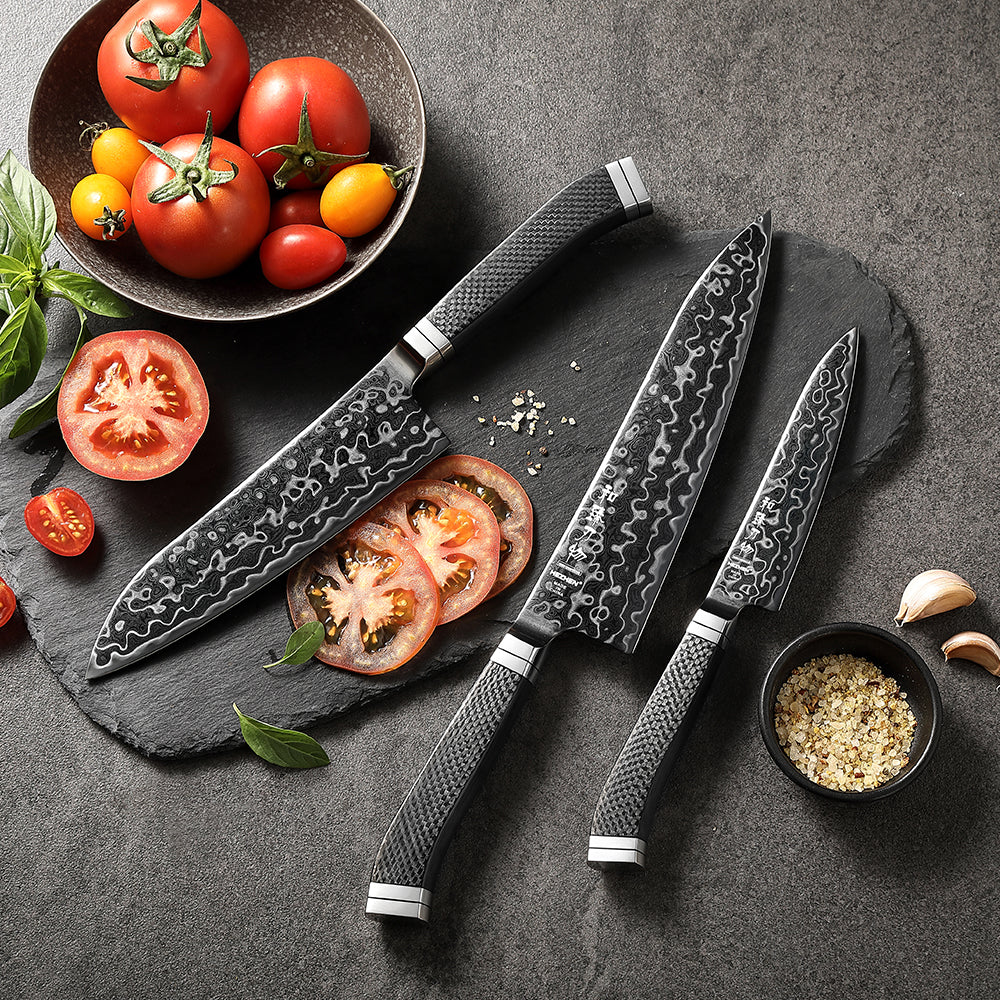 HEZHEN ZhiZhen Series 145 Layers Damascus Steel 3PCS Kitchen Knife Set,Chef+Utility+Santoku Knife
