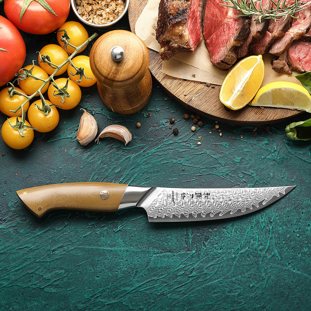 HEZHEN 67-Layer Damascus Steel 5.4”Steak Knife, 10Cr15CoMoV Steel Core Kitchen Knife, Ergonomic Linen Micarta Handle,Multipurpose Cutting Knife for Steak, Fruit, Barbecue