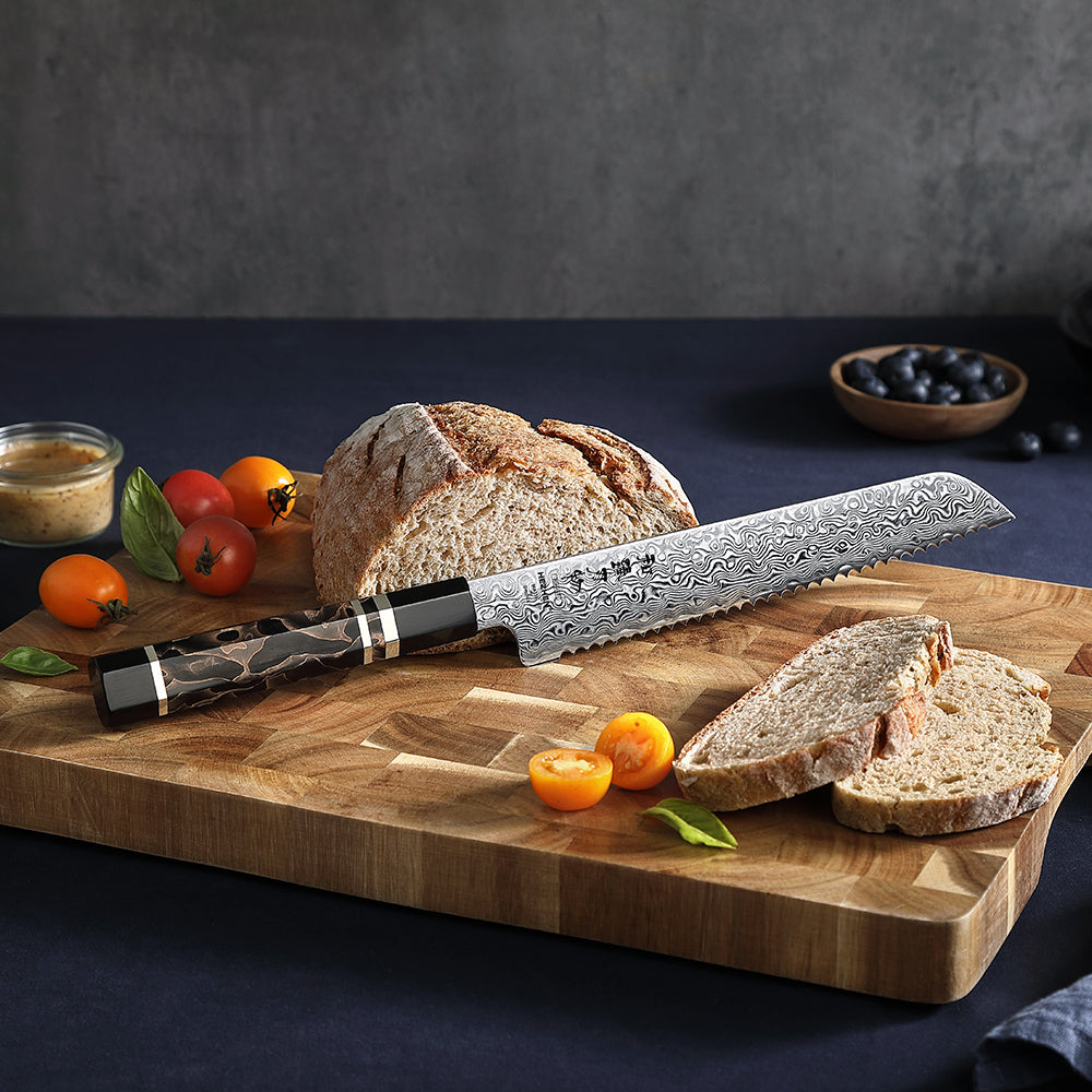 HEZHEN 8.3 Inch Serrated Bread Knife 49-Layer Hitachi ZDP-189 Damascus Steel, Japanese Octagonal Ergonomic Resin Handle