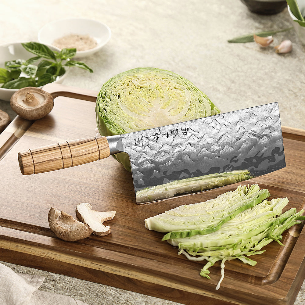 HEZHEN 7.1 Inches Cleaver Knife– 12Cr18MoV Steel Core With Olive Wood Grip Everyday Cooking Knife