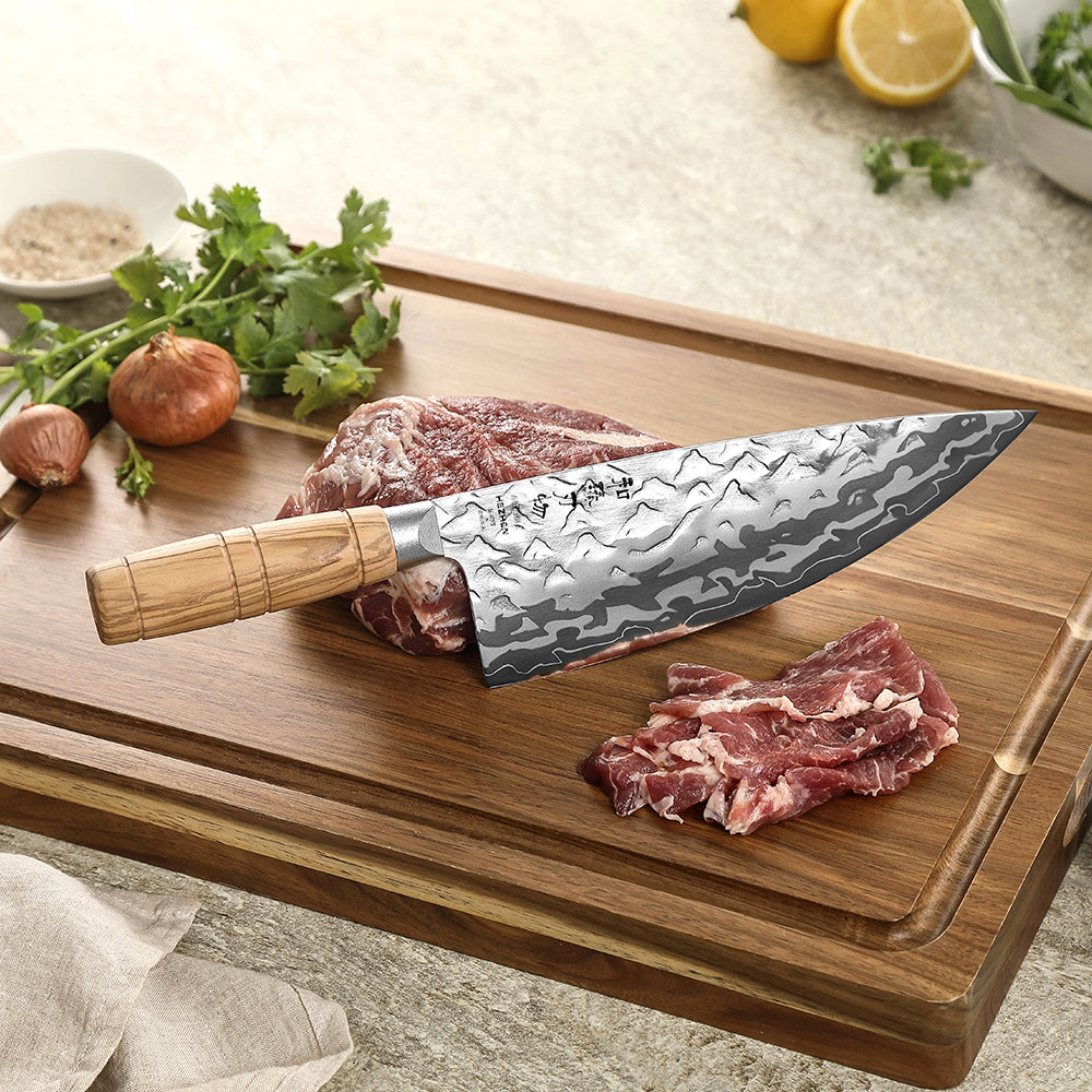 HEZHEN 8.1 Inches Butcher Knife Forged 12Cr18MoV Steel Core,Damascus Steel Blade,Ergonomic Olive Wood Handle,High Hardness Sharp Meat Cutting Knife