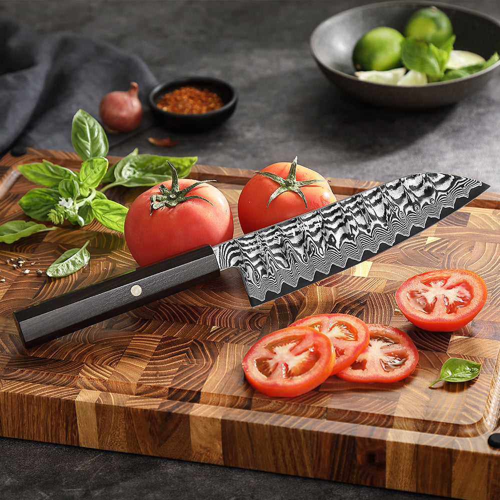 HEZHEN 7.3 Inch Multipurpose Santoku Knife, Hand Forged Damascus Kitchen Knife,15° Precision Edge, Ultra Sharp Balanced Cutting Knife
