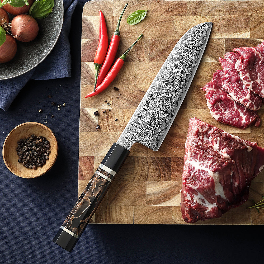 HEZHEN 7.1 Inch Japanese Santoku Knife, 49-Layer Damascus Steel, Hitachi ZDP-189 Powder Steel Core, Luxury Gift Box